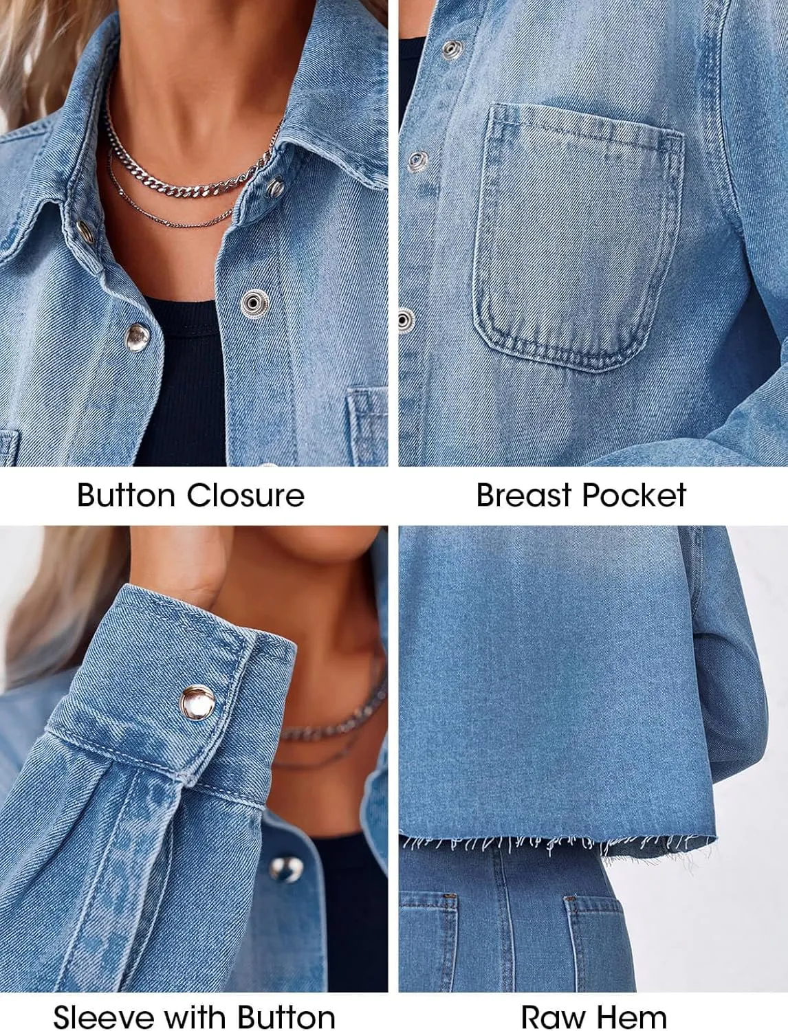 PLNOTME Womens Cropped Denim Jackets Long Sleeve Button Down Raw Hem Casual Jean Shirts
