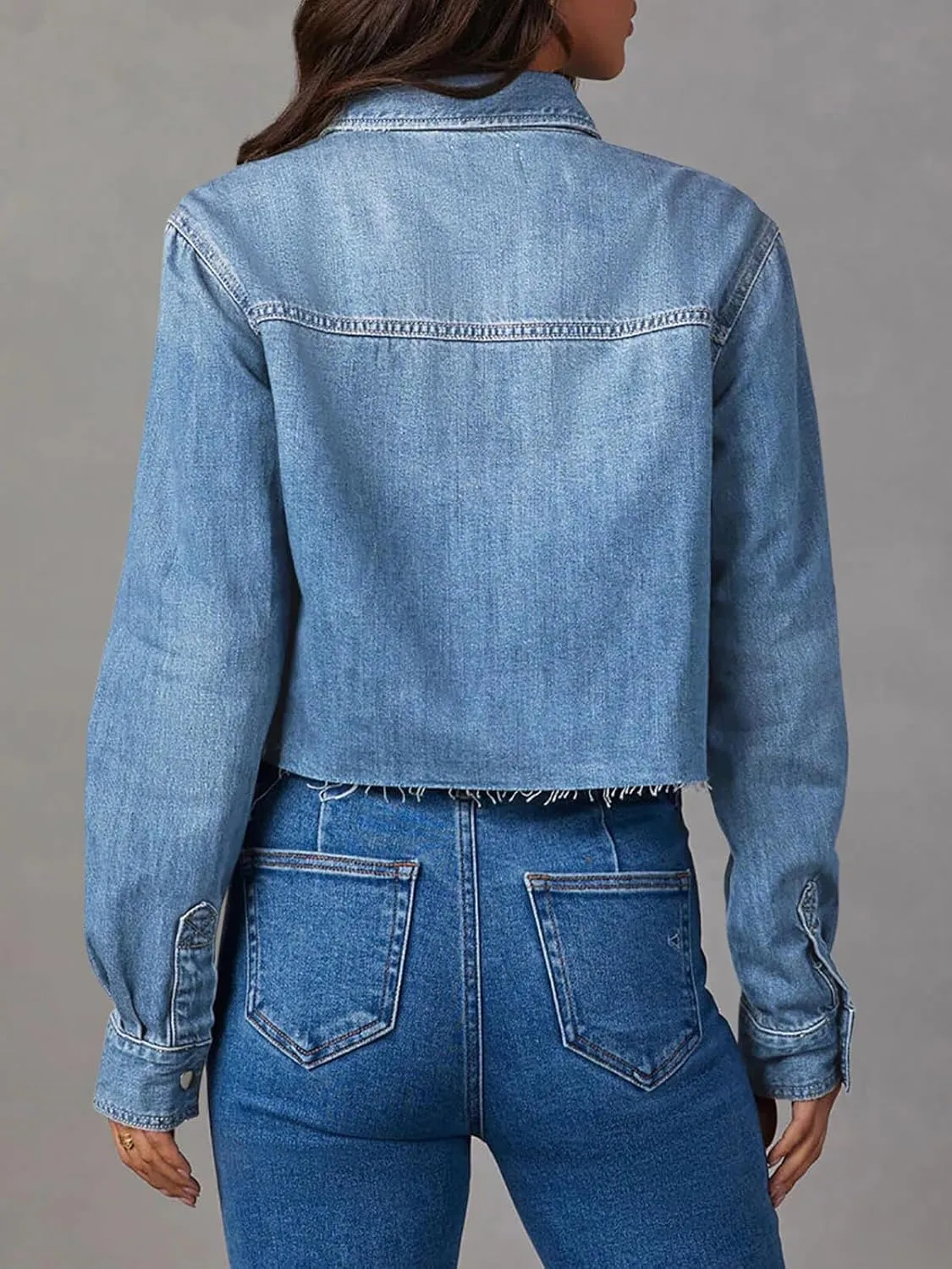 PLNOTME Womens Cropped Denim Jackets Long Sleeve Button Down Raw Hem Casual Jean Shirts