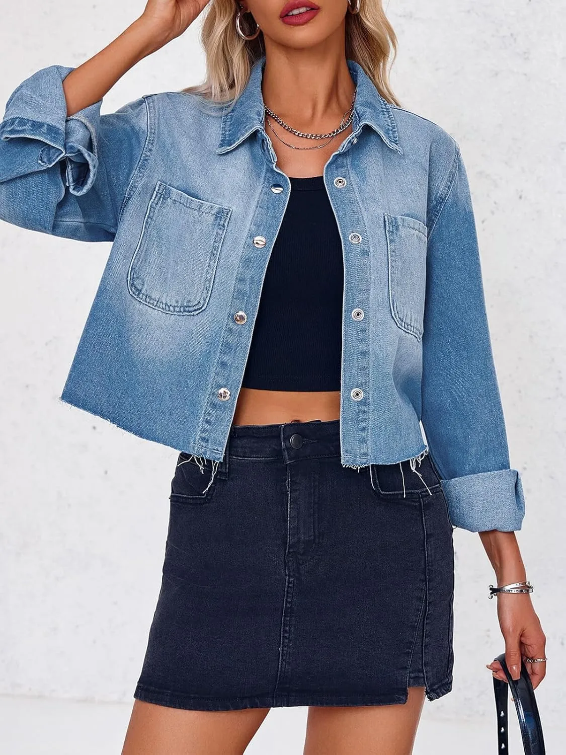 PLNOTME Womens Cropped Denim Jackets Long Sleeve Button Down Raw Hem Casual Jean Shirts