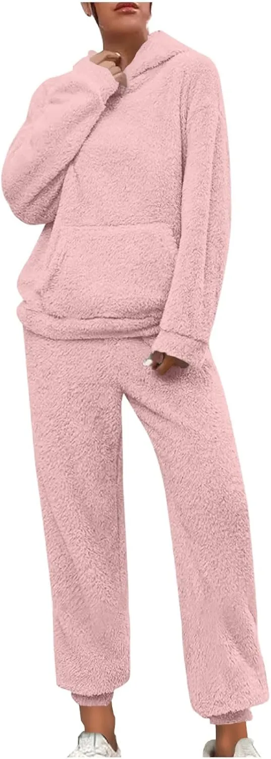 Plus Size 2 Piece Sets Women Long Sleeve Pajama Set Hooded Sweatshirt and Elastic Solid Pants Fuzzy Lounge Set