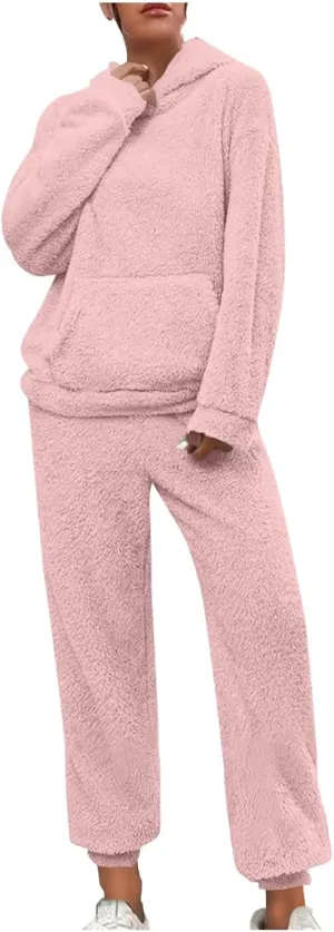 Plus Size 2 Piece Sets Women Long Sleeve Pajama Set Hooded Sweatshirt and Elastic Solid Pants Fuzzy Lounge Set