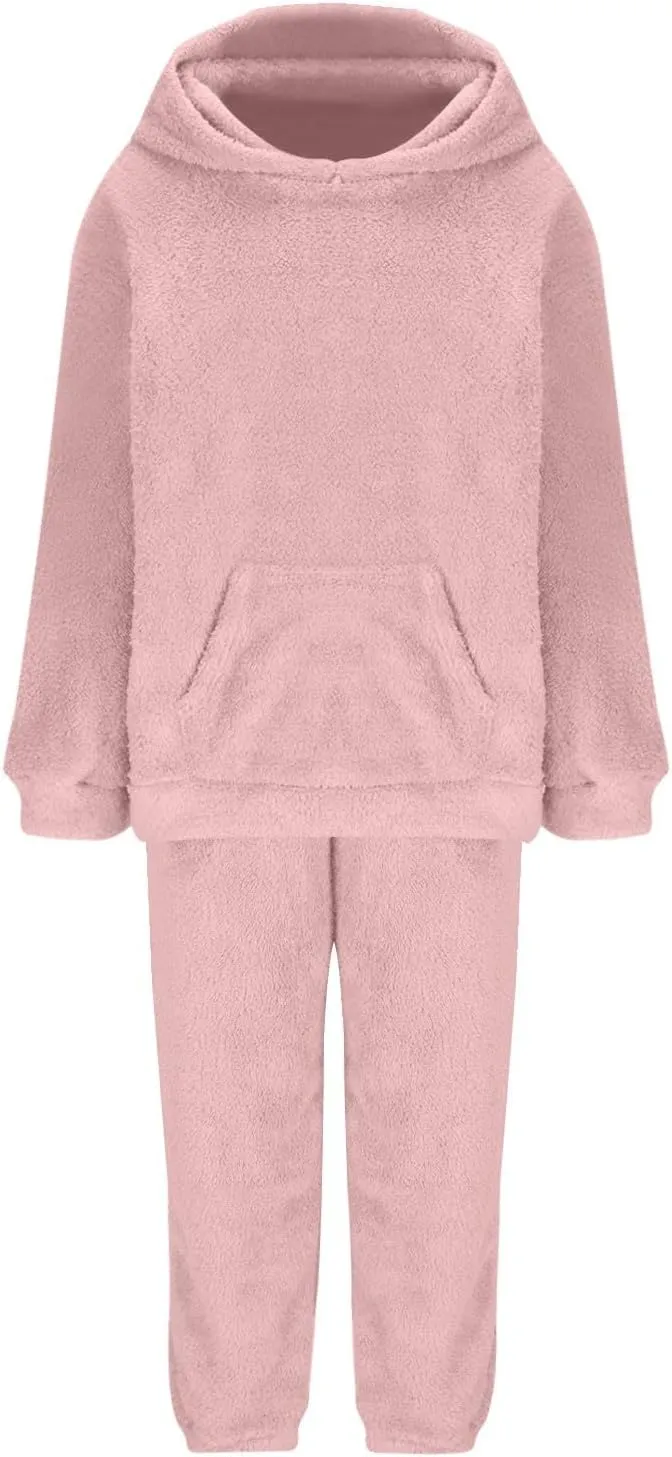 Plus Size 2 Piece Sets Women Long Sleeve Pajama Set Hooded Sweatshirt and Elastic Solid Pants Fuzzy Lounge Set