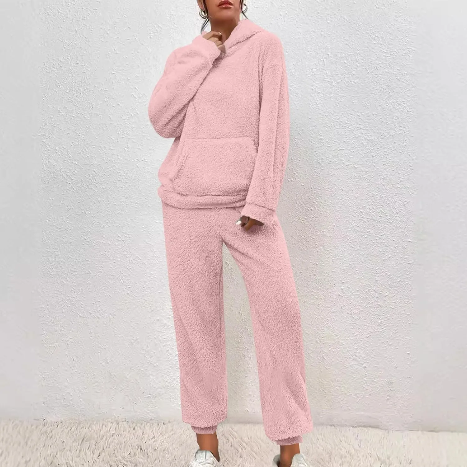 Plus Size 2 Piece Sets Women Long Sleeve Pajama Set Hooded Sweatshirt and Elastic Solid Pants Fuzzy Lounge Set