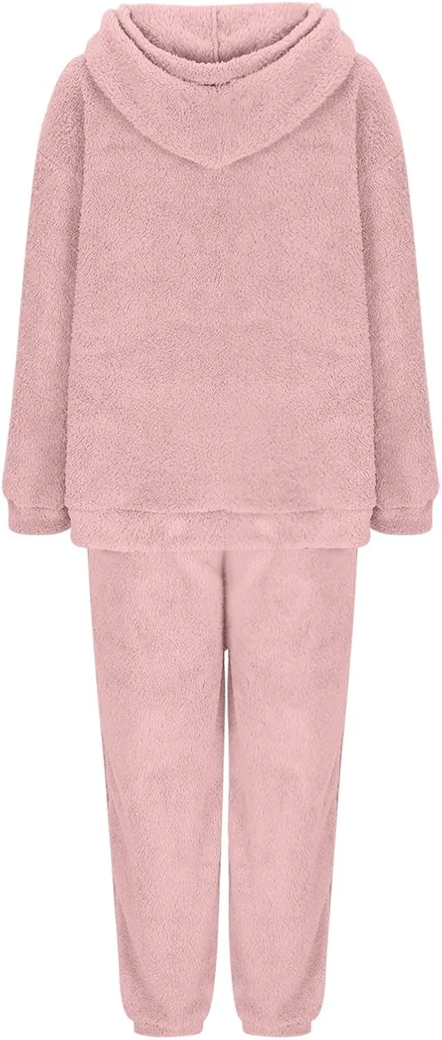 Plus Size 2 Piece Sets Women Long Sleeve Pajama Set Hooded Sweatshirt and Elastic Solid Pants Fuzzy Lounge Set
