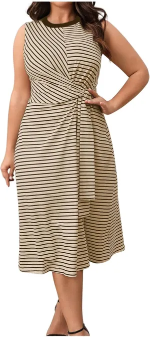 Plus Size Women Striped Print Twist Tank Dress Sleeveless Slim Fit Night Out Midi Dress Summer Vacation Boho Dresses
