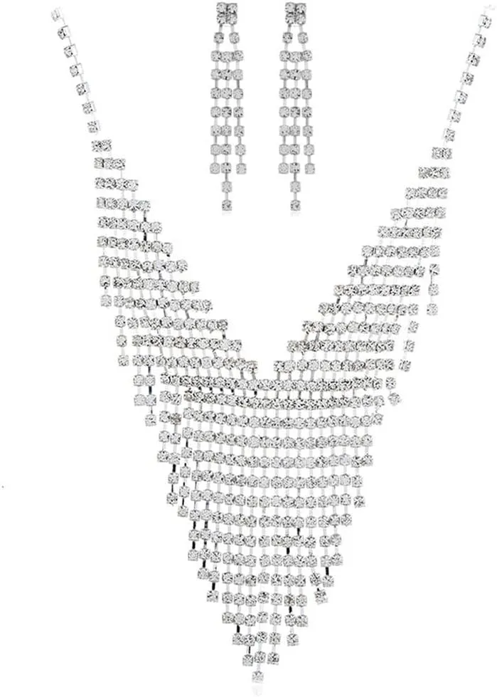 PRINCESS BRIDE Women Jewelry Set Silver Vintage Rhinestone Crystal Bridesmaid Jewelry Set for Wedding Choker Necklace and Earring Set Sparkle Prom Jewelry (A13)