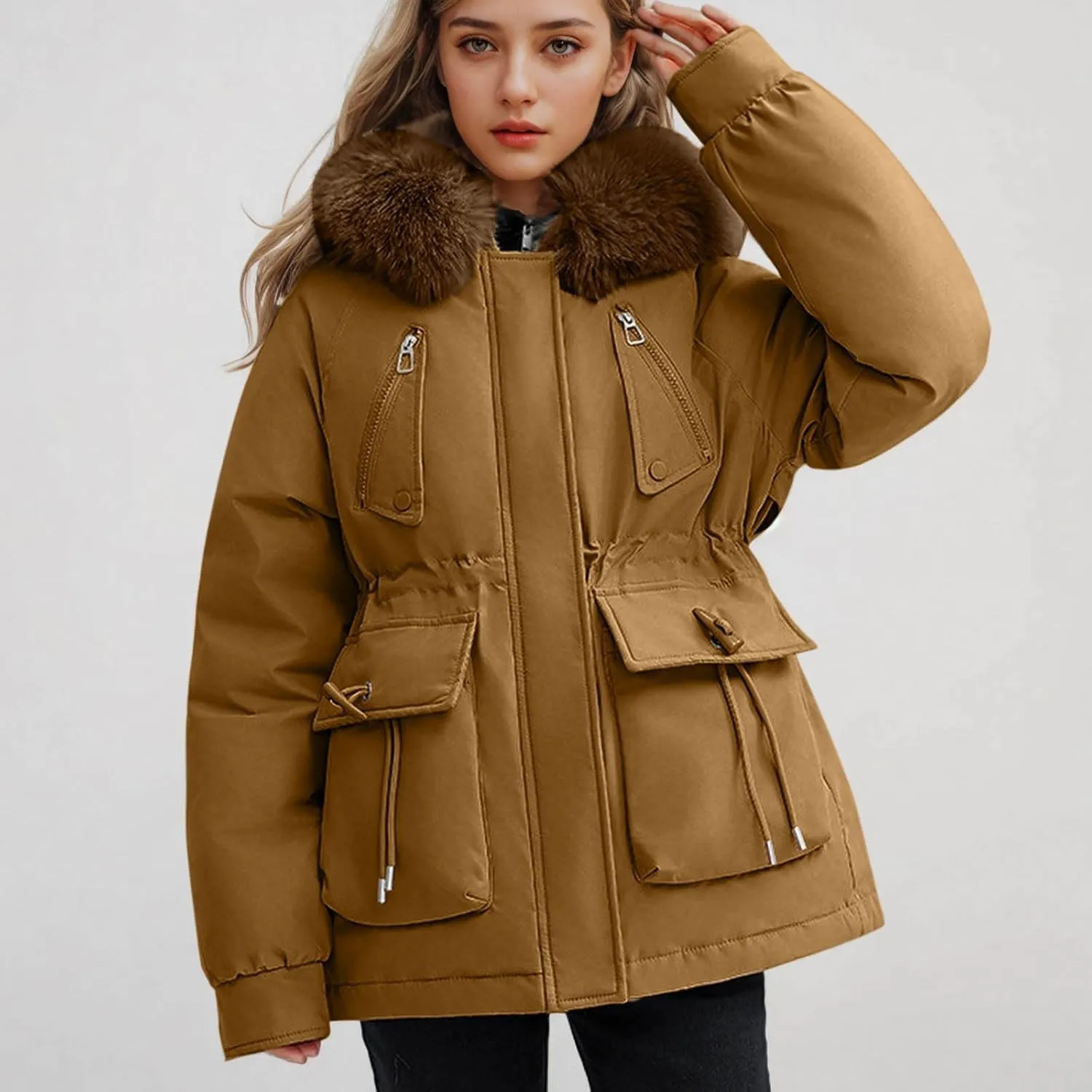 Puffer Jacket Womens Winter Warm Down Coats Casual Thicken Parkas Zip Up Fleece Down Jackets Drawstring Waist Outwear