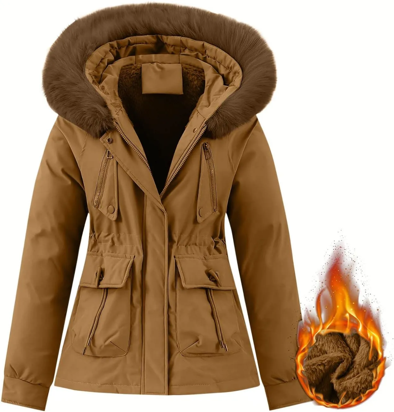 Puffer Jacket Womens Winter Warm Down Coats Casual Thicken Parkas Zip Up Fleece Down Jackets Drawstring Waist Outwear