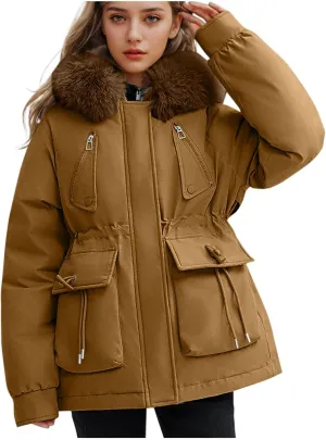 Puffer Jacket Womens Winter Warm Down Coats Casual Thicken Parkas Zip Up Fleece Down Jackets Drawstring Waist Outwear