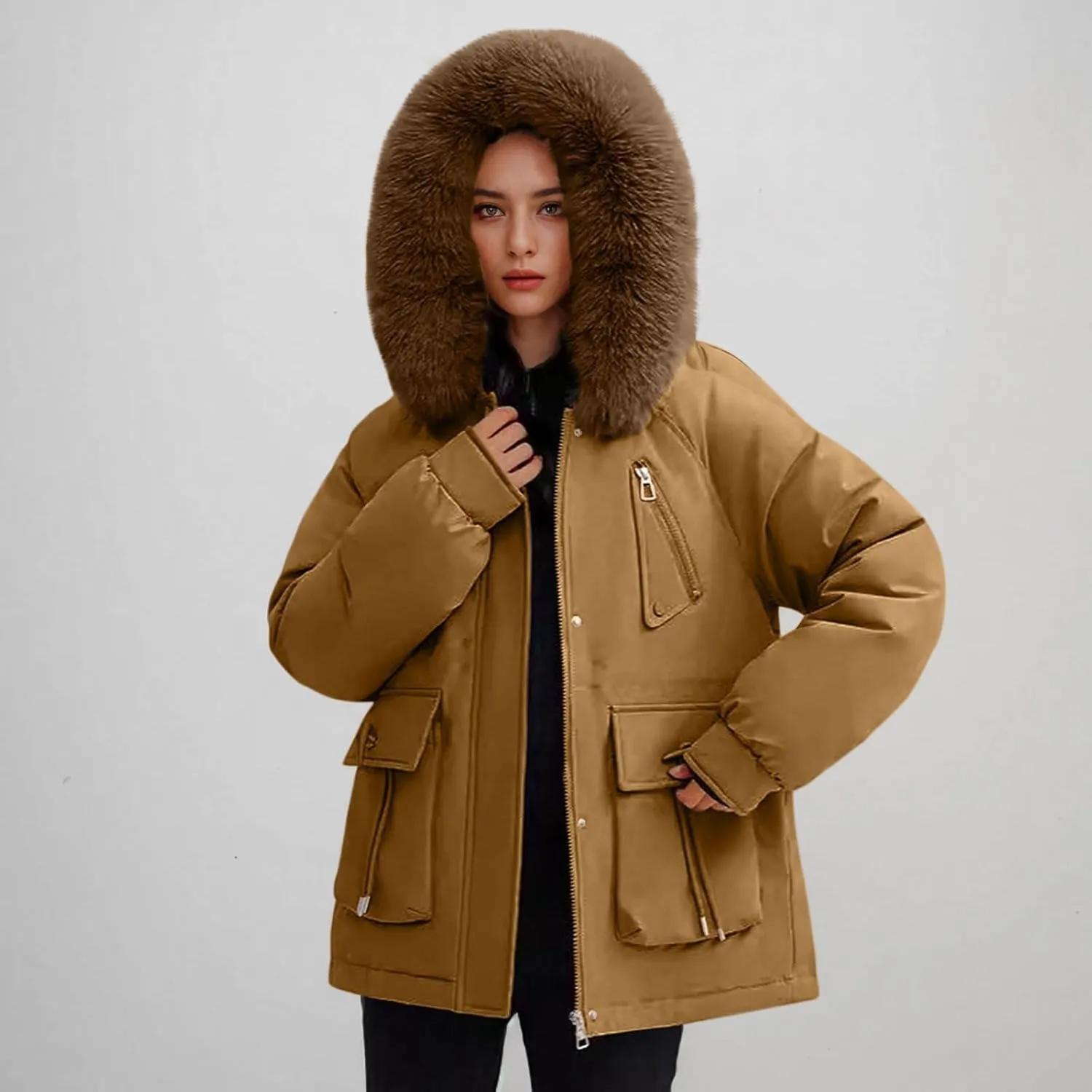 Puffer Jacket Womens Winter Warm Down Coats Casual Thicken Parkas Zip Up Fleece Down Jackets Drawstring Waist Outwear