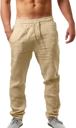 QWENTMTNTY Men's Elastic Waist Linen Pants Casual Relaxed Fit Loose Lightweight Pants Comfort Yoga Beach Drawstring Trousers