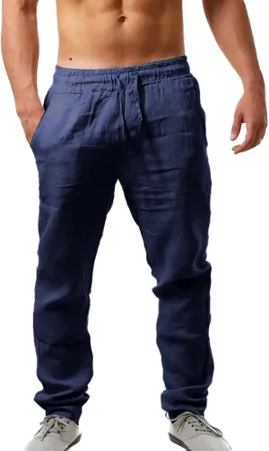 QWENTMTNTY Men's Elastic Waist Linen Pants Casual Relaxed Fit Loose Lightweight Pants Comfort Yoga Beach Drawstring Trousers