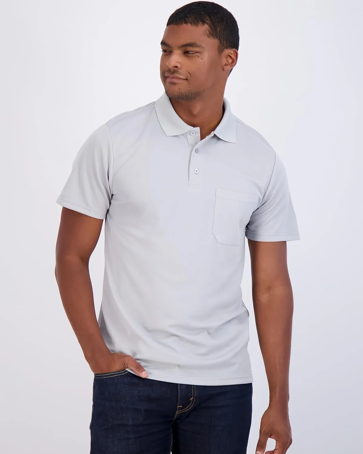 Real Essentials 3 Pack: Mens Short Sleeve Dry-Fit Collared Polo Shirt with Pocket - Active Casual (Available Big & Tall)