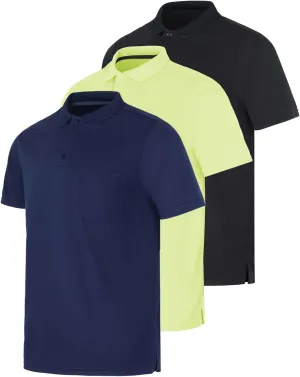 Real Essentials 3 Pack: Mens Short Sleeve Dry-Fit Collared Polo Shirt with Pocket - Active Casual (Available Big & Tall)