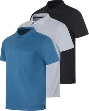 Real Essentials 3 Pack: Mens Short Sleeve Dry-Fit Collared Polo Shirt with Pocket - Active Casual (Available Big & Tall)