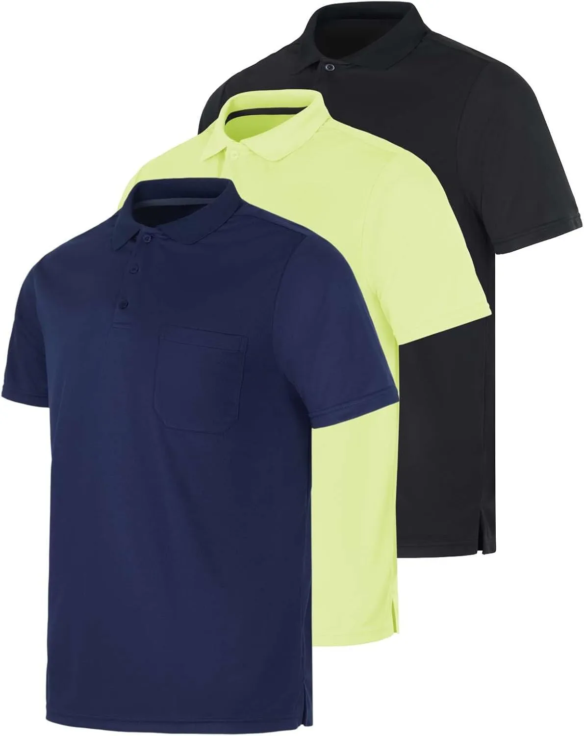 Real Essentials 3 Pack: Mens Short Sleeve Dry-Fit Collared Polo Shirt with Pocket - Active Casual (Available Big & Tall)