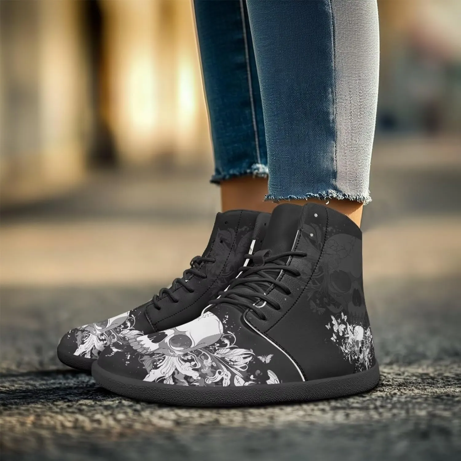 Retro Skull Women's Minimalist Barefoot Shoes High Top Zero Drop Sole Wide Width Fashion Sneaker Non Slip