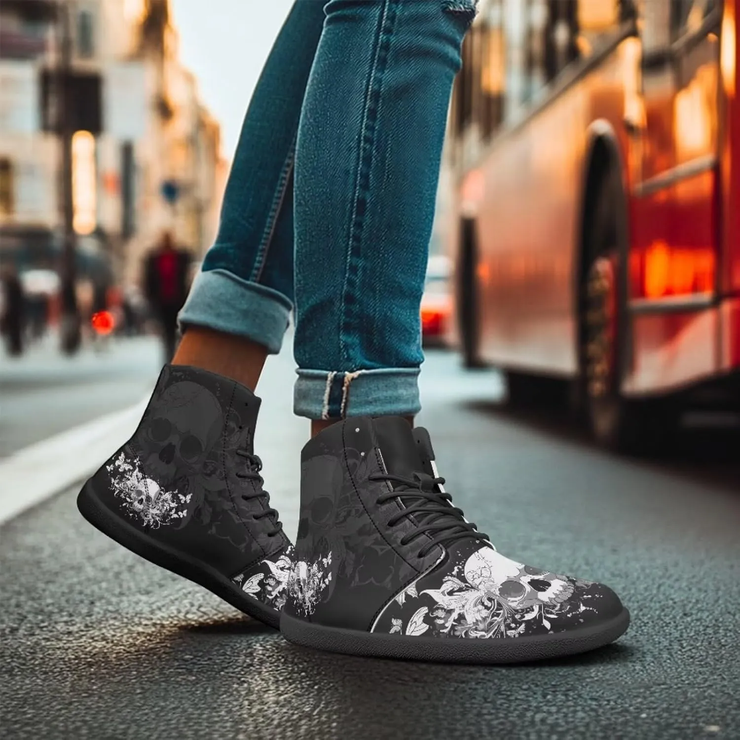 Retro Skull Women's Minimalist Barefoot Shoes High Top Zero Drop Sole Wide Width Fashion Sneaker Non Slip