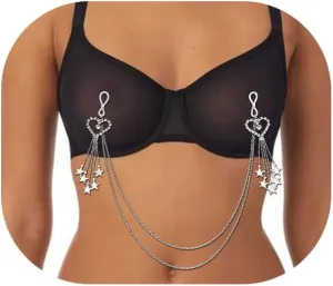 Rhinestone Heart Bra Chain Jewelry Sexy Crystal Nipple Chain Festival Rave Star Tassel Non Piercing Nipple Jewelry Party Chest Body Jewelry for Women