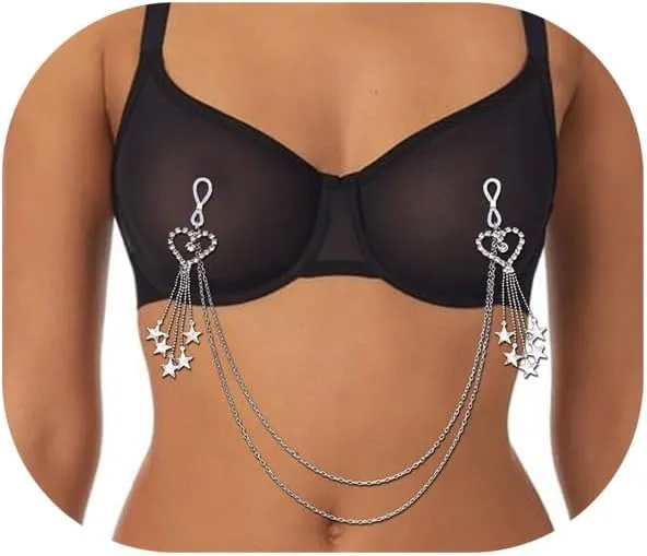 Rhinestone Heart Bra Chain Jewelry Sexy Crystal Nipple Chain Festival Rave Star Tassel Non Piercing Nipple Jewelry Party Chest Body Jewelry for Women