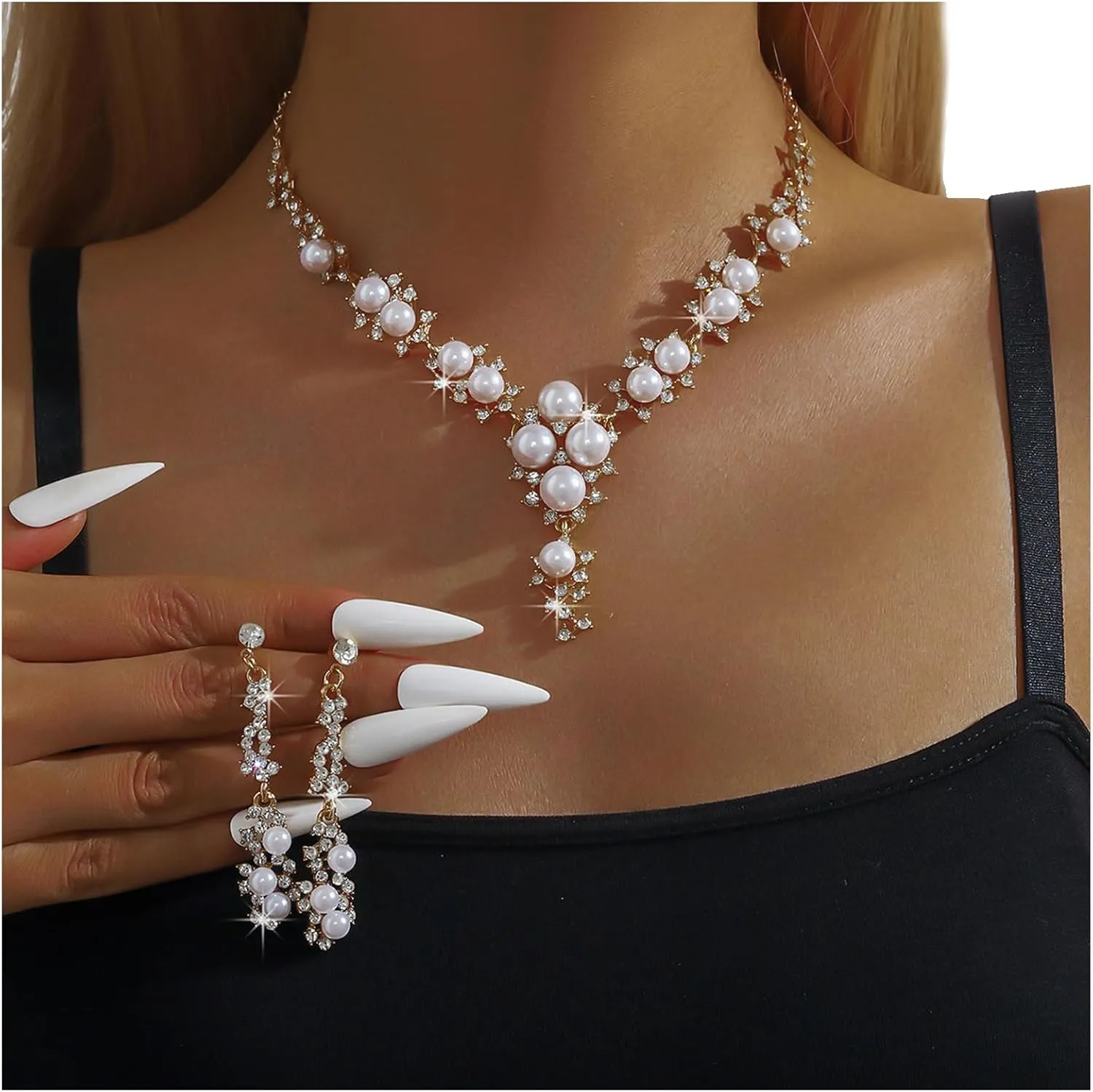 Rhinestone Necklace Earrings Jewelry Set,Bridal Wedding Pearl Necklace Earrings Jewelry,Crystal Statement Necklace Earrings Set,Bridal Rhinestone Pearl Body Jewelry for Women