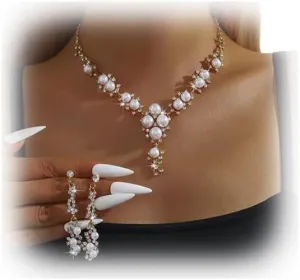 Rhinestone Necklace Earrings Jewelry Set,Bridal Wedding Pearl Necklace Earrings Jewelry,Crystal Statement Necklace Earrings Set,Bridal Rhinestone Pearl Body Jewelry for Women
