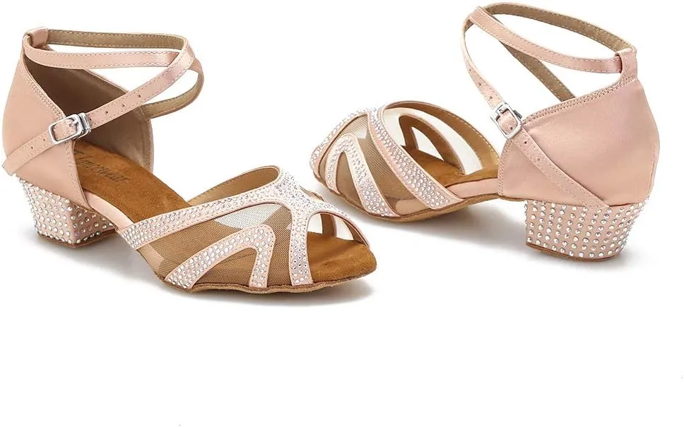 Rhinestones Ballroom Dance Shoes Women Latin Salsa Bachata Performance Dance Shoes Suede Sole