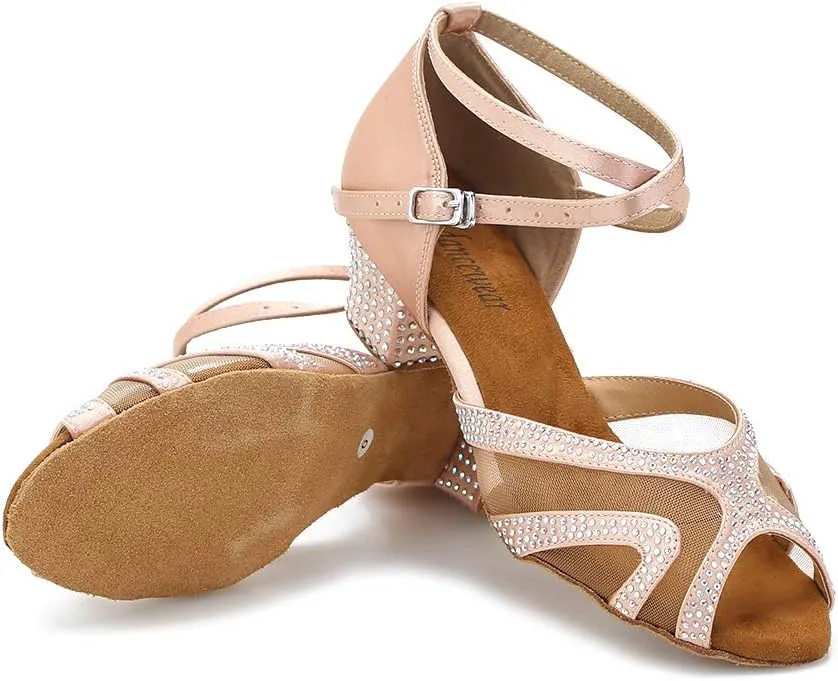 Rhinestones Ballroom Dance Shoes Women Latin Salsa Bachata Performance Dance Shoes Suede Sole