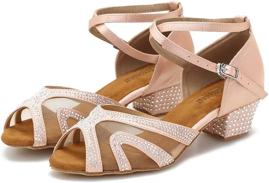 Rhinestones Ballroom Dance Shoes Women Latin Salsa Bachata Performance Dance Shoes Suede Sole