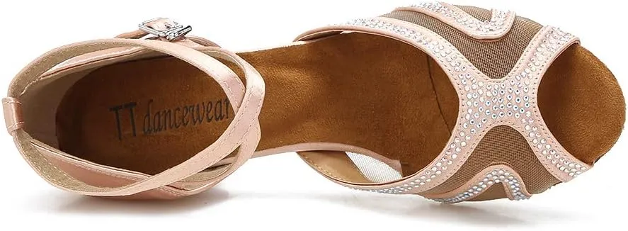 Rhinestones Ballroom Dance Shoes Women Latin Salsa Bachata Performance Dance Shoes Suede Sole