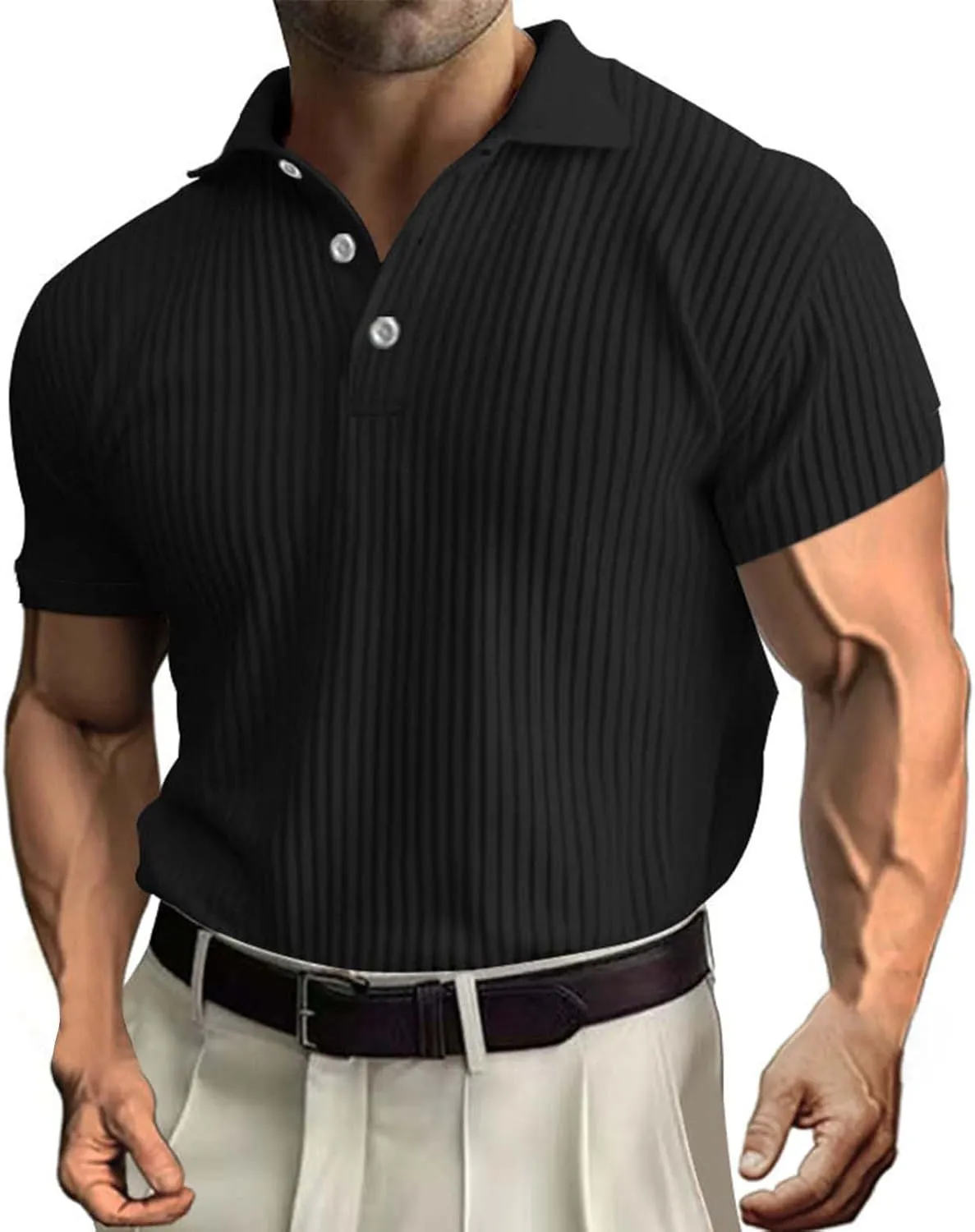 Ribbed Polo Shirts for Men, Mens Muscle T Shirts Casual Slim Fit Polo Shirts 2024 Casual Stretch Golf Shirts
