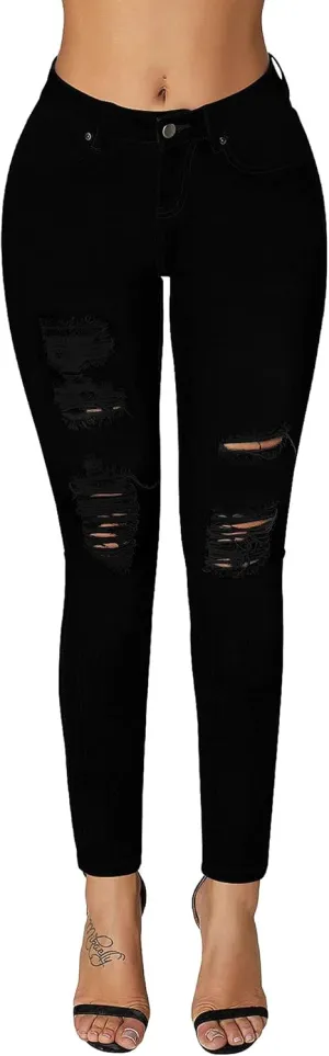roswear Women's Essentials Ripped Mid Rise Destroyed Skinny Jeans