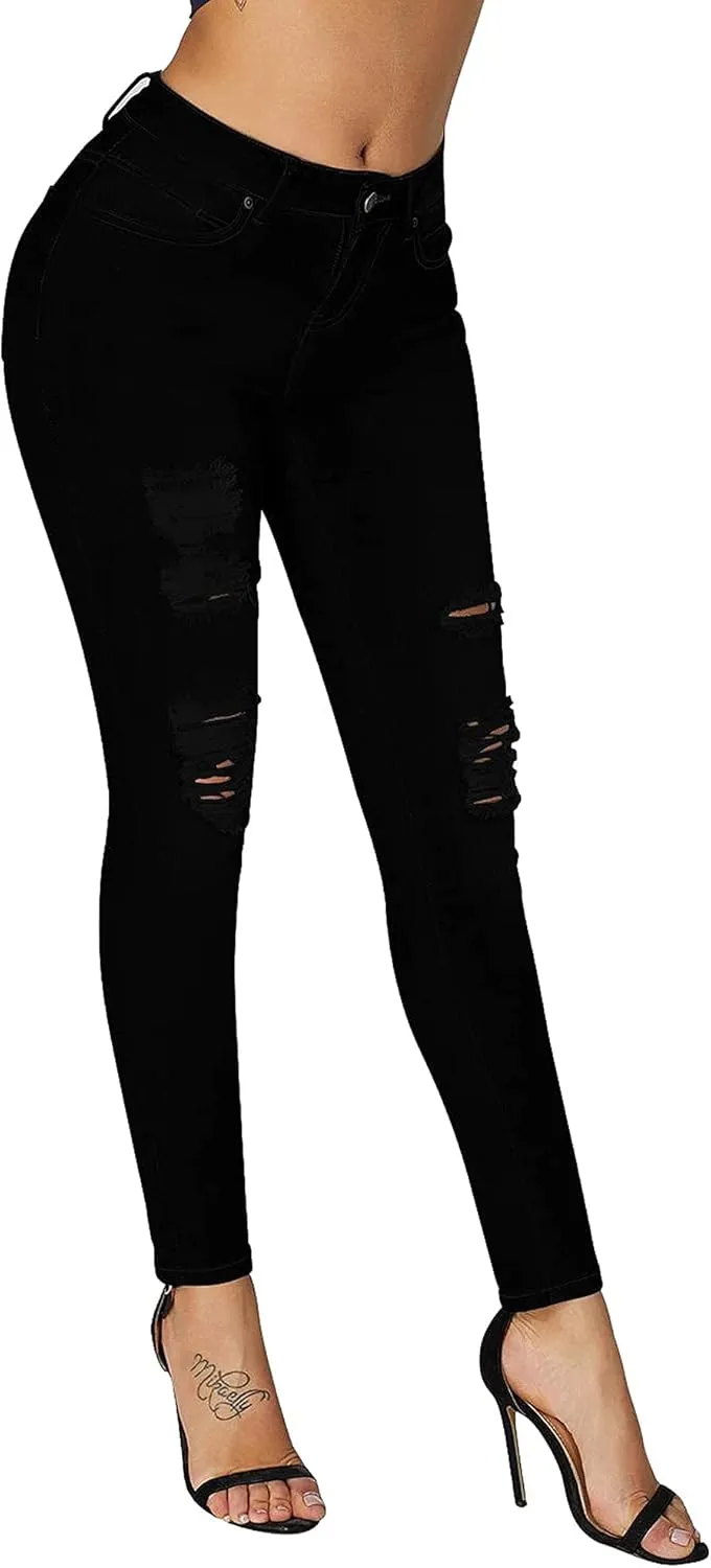 roswear Women's Essentials Ripped Mid Rise Destroyed Skinny Jeans