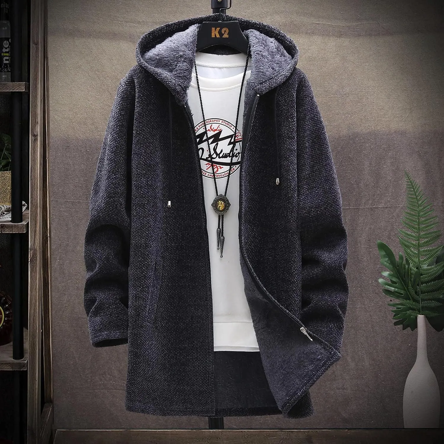 RTRDE Mens Coats Fall Winter Sweater Jackets Casual Knitted Cardigan Fleece Lined Full Zip Hooded Coat Long Jacket