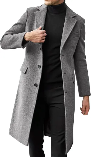 RTRDE Men's Oversized Notched Long Jacket Trench Coat - Single Breasted Lapel Winter Coat - Pea, XL-4XL