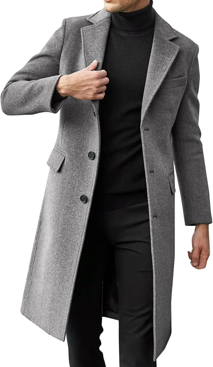 RTRDE Men's Oversized Notched Long Jacket Trench Coat - Single Breasted Lapel Winter Coat - Pea, XL-4XL