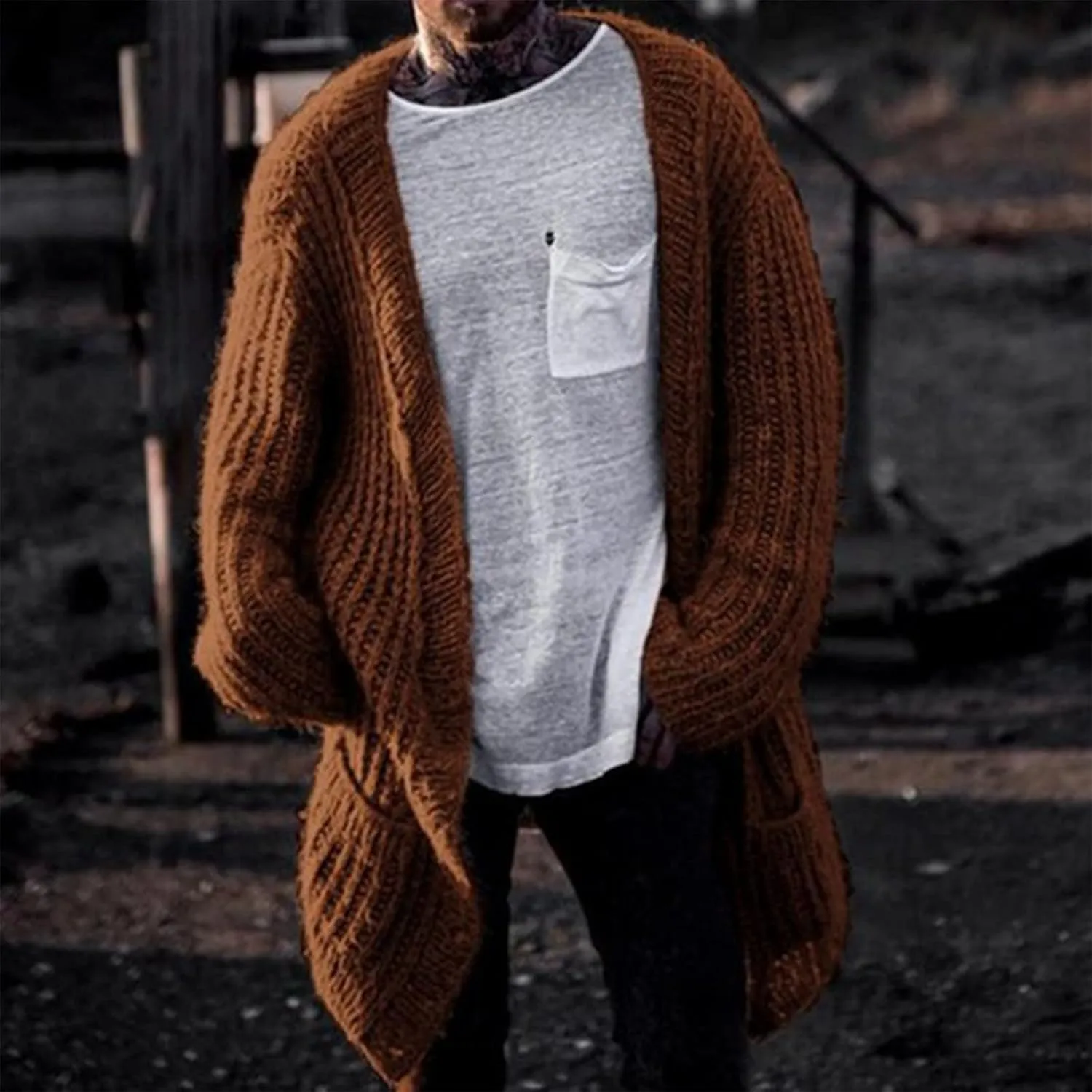RTRDE Mens Trench Coat Long Cardigan Sweater Open Front Sleeve Knit Casual Fashion Coat with Pockets Winter, M-3XL