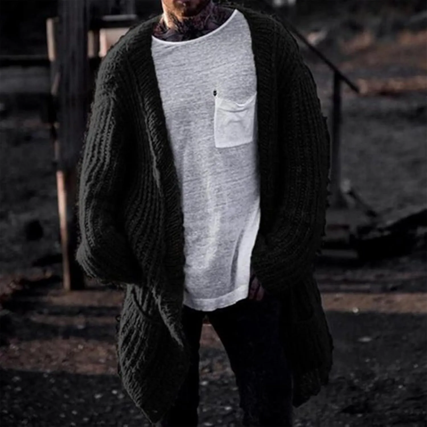 RTRDE Mens Trench Coat Long Cardigan Sweater Open Front Sleeve Knit Casual Fashion Coat with Pockets Winter, M-3XL