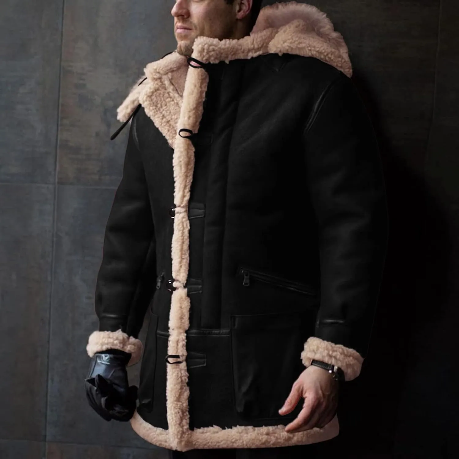 RTRDE Men's Winter Trench Coat Sherpa Lined Overcoat Lapel Long Jacket Coat Outwear, M-5XL