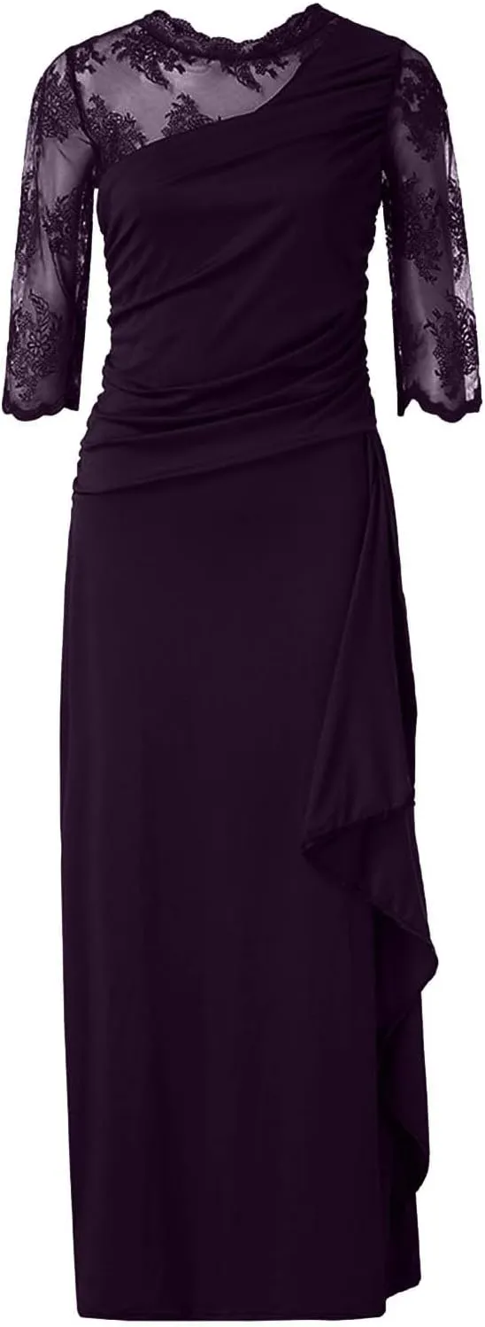 Rvidbe Formal Dresses for Women Wedding Guest Half Sleeve Crew Neck Maxi Evening Dress Chiffon Ruched Lace Ruffle Long Gown