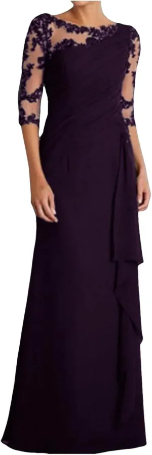 Rvidbe Formal Dresses for Women Wedding Guest Half Sleeve Crew Neck Maxi Evening Dress Chiffon Ruched Lace Ruffle Long Gown