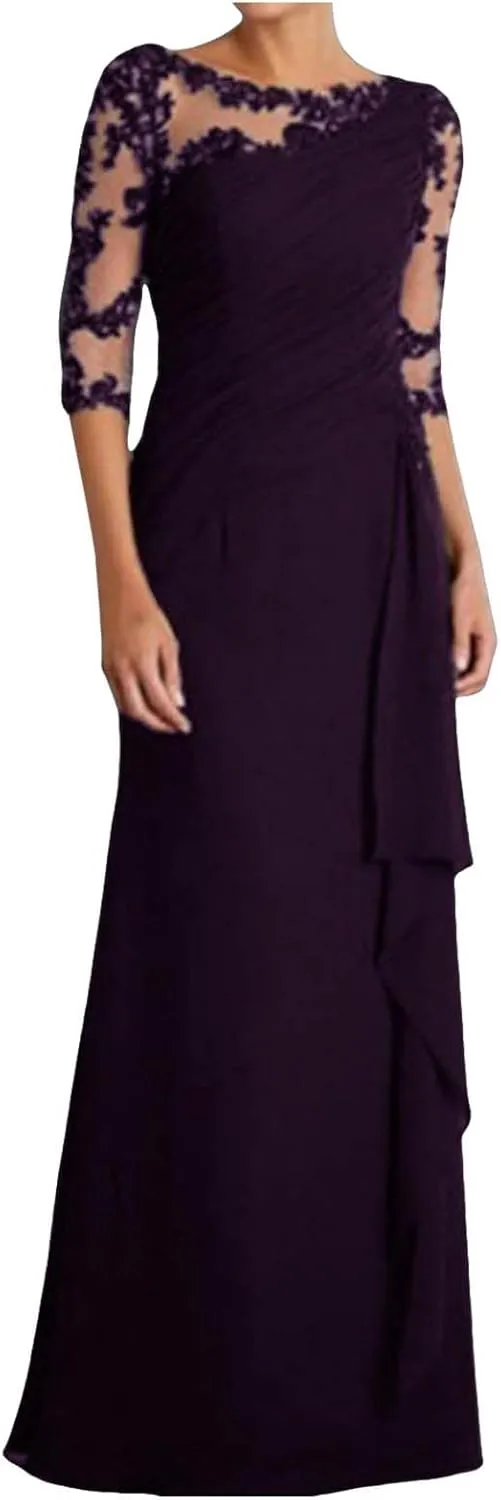 Rvidbe Formal Dresses for Women Wedding Guest Half Sleeve Crew Neck Maxi Evening Dress Chiffon Ruched Lace Ruffle Long Gown