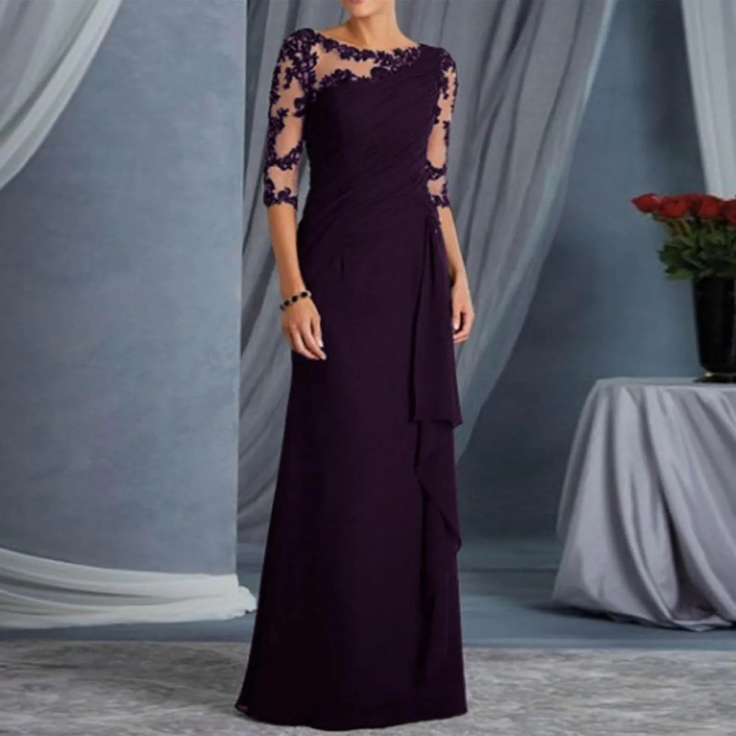 Rvidbe Formal Dresses for Women Wedding Guest Half Sleeve Crew Neck Maxi Evening Dress Chiffon Ruched Lace Ruffle Long Gown