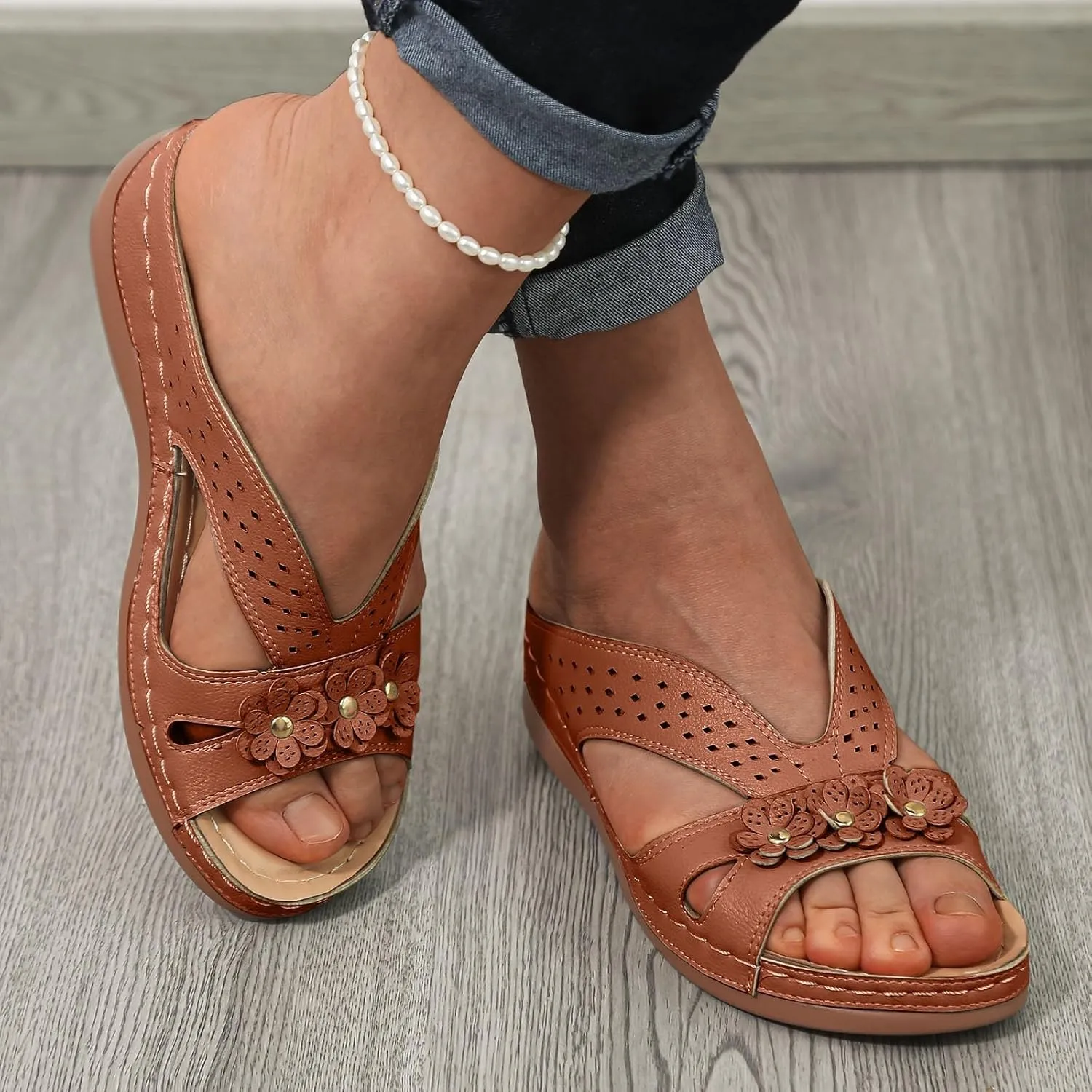 Sandals for Women 2024 Summer New Open Toe Cushion Orthopedic Arch Support Walking Sandals Shoes Dressy Flat