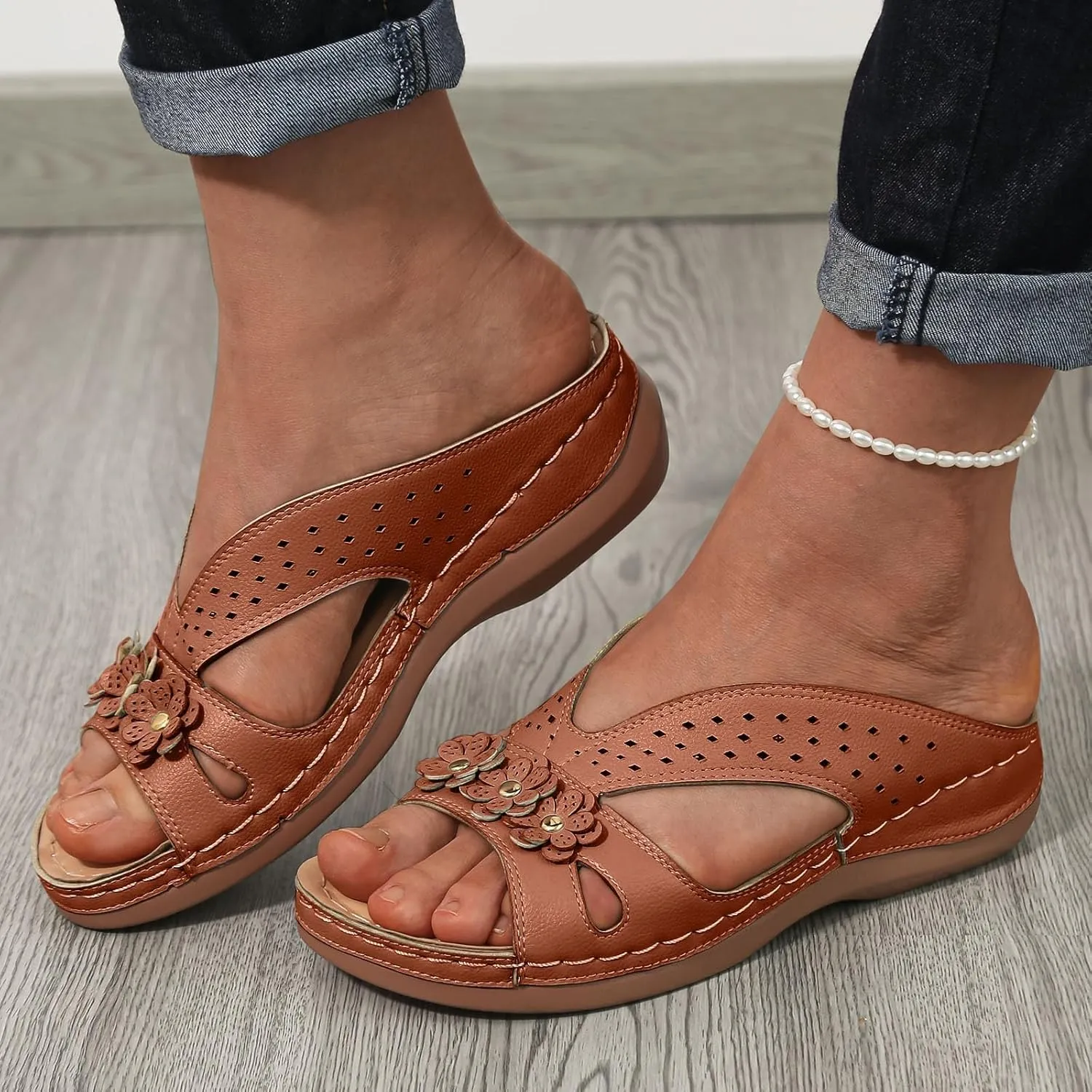 Sandals for Women 2024 Summer New Open Toe Cushion Orthopedic Arch Support Walking Sandals Shoes Dressy Flat