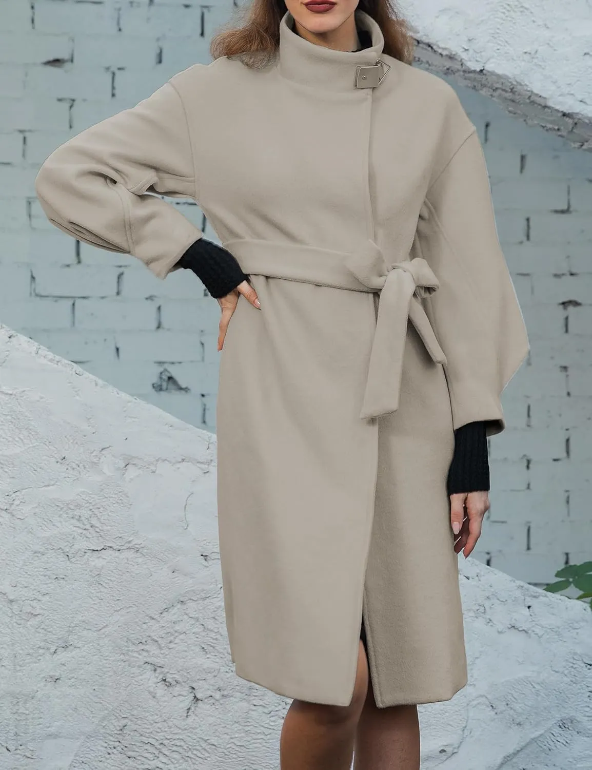 SDEER Women's Long Wool Coat H shaped High Collar Puff Sleeve Peacoat Belted Trench Coats with Pockets