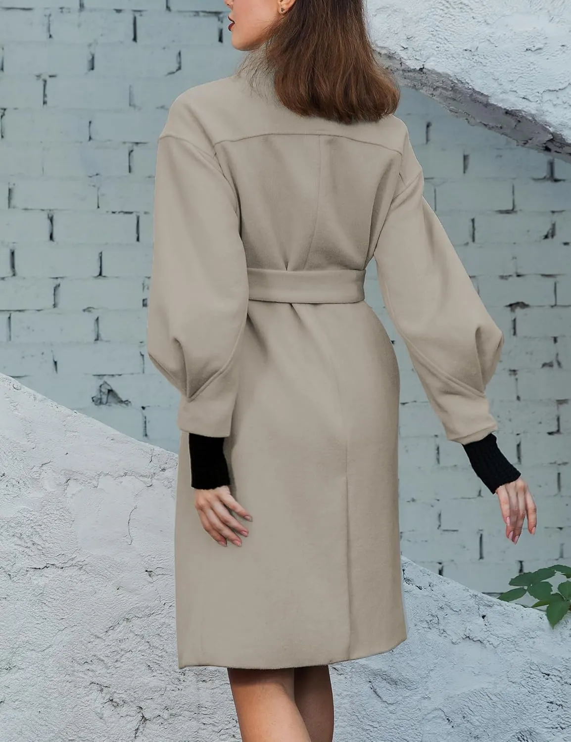 SDEER Women's Long Wool Coat H shaped High Collar Puff Sleeve Peacoat Belted Trench Coats with Pockets