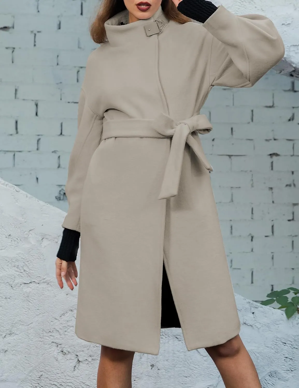 SDEER Women's Long Wool Coat H shaped High Collar Puff Sleeve Peacoat Belted Trench Coats with Pockets