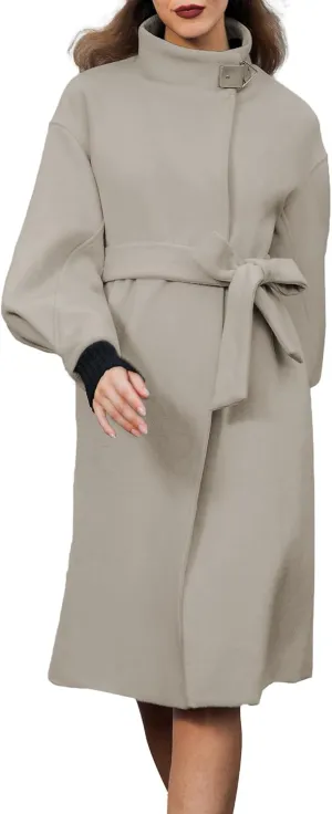 SDEER Women's Long Wool Coat H shaped High Collar Puff Sleeve Peacoat Belted Trench Coats with Pockets