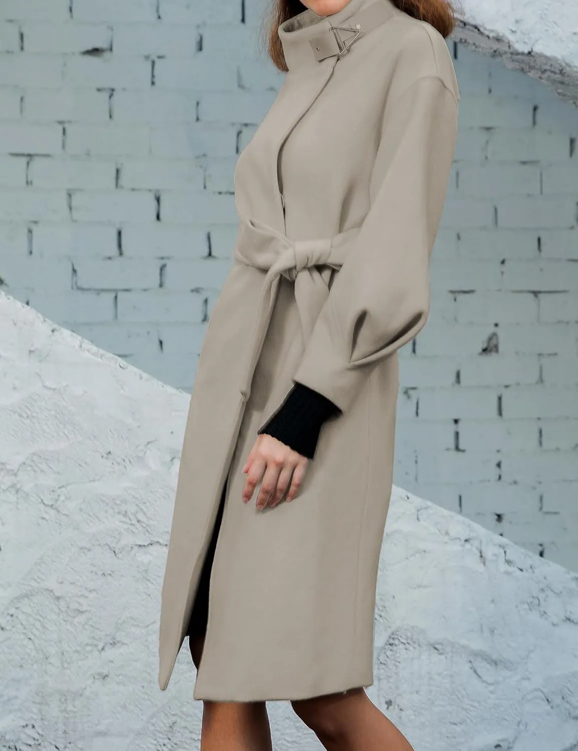 SDEER Women's Long Wool Coat H shaped High Collar Puff Sleeve Peacoat Belted Trench Coats with Pockets